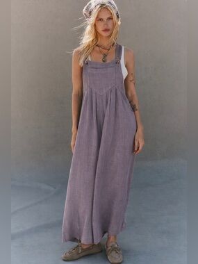Free People Sun-Drenched Overalls Dusty Violet Cotton Wide Leg Jumpsuit S NWT